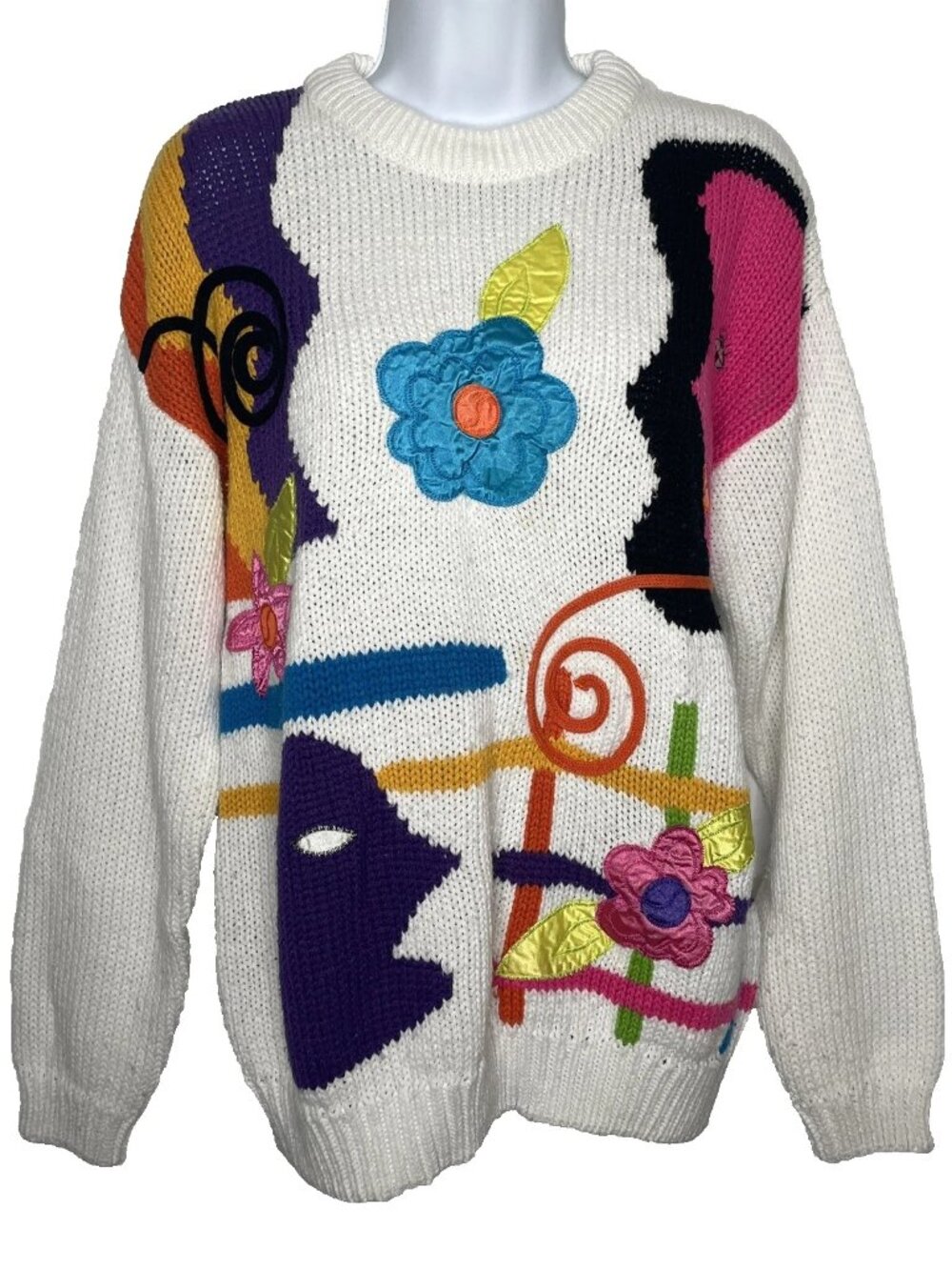 Vintage 80s Cherry Stix Sweater Size M White Funky Floral Satin Applique